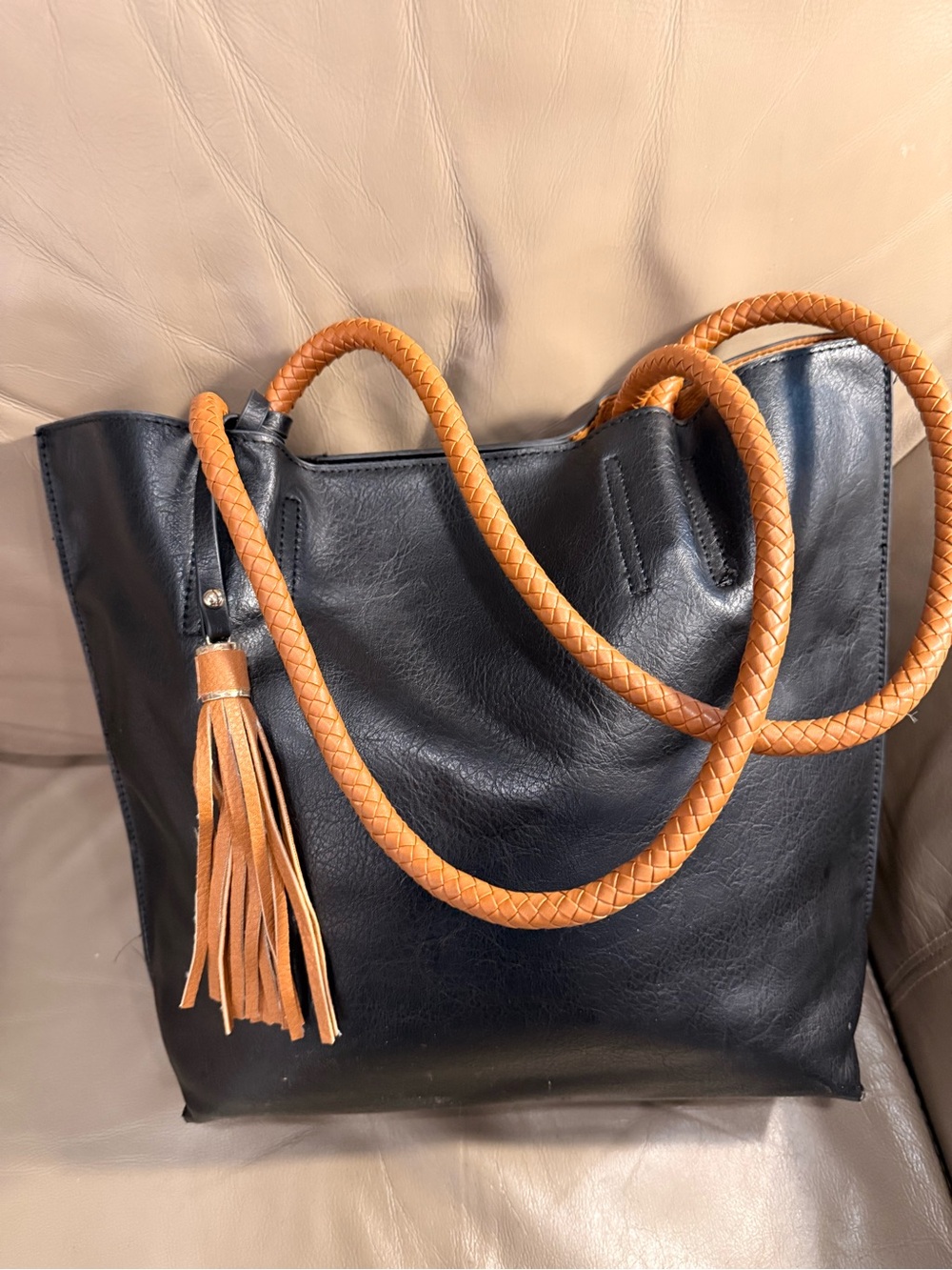 Black Leather Tote with Tan Braided Handles and Tassel